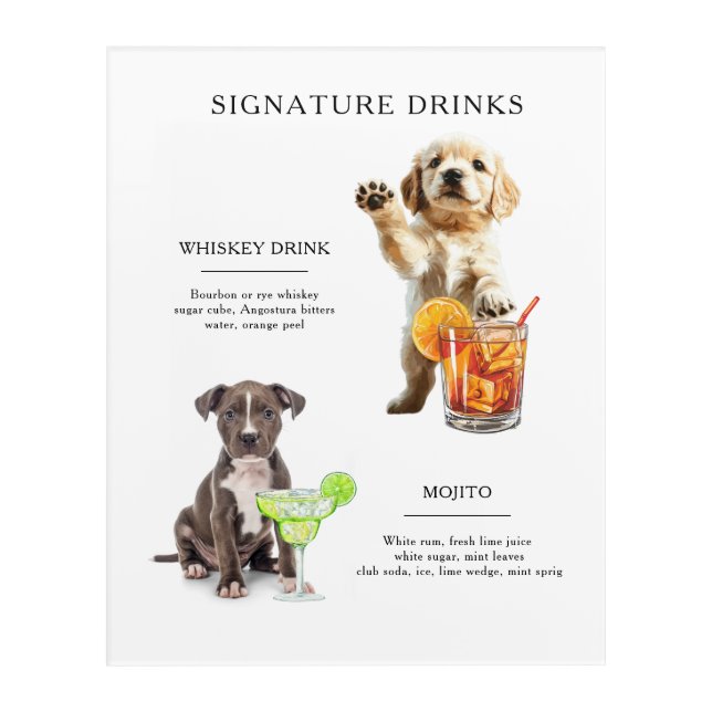 Dog Signature Drink Wedding Bar Drink Menu Acrylic Print (Front)