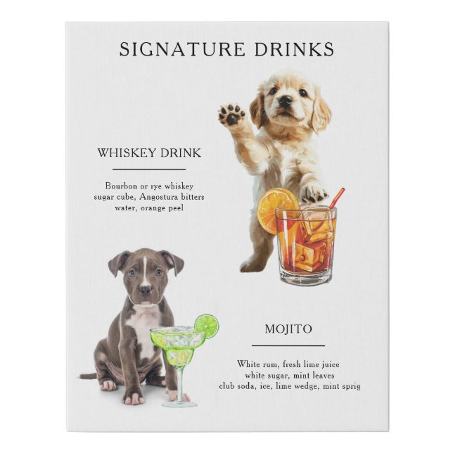 Dog Signature Drink Wedding Bar Drink Menu Faux Canvas Print (Front)