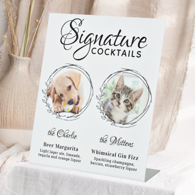 Dog Signature Drinks Custom 2 Photo Pet Wedding Pedestal Sign (Creator Uploaded)