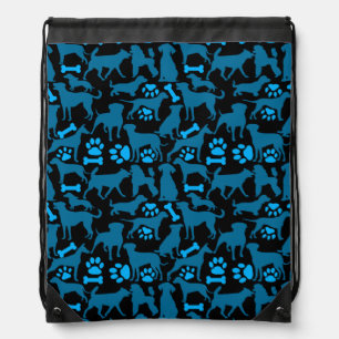 Dog silhouette Pattern.Blue.04 Black BG Drawstring Bag