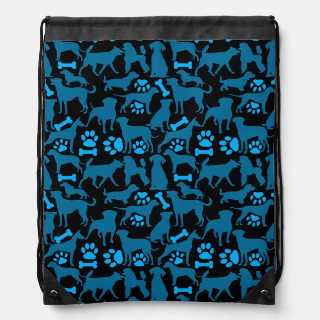 Dog silhouette Pattern.Blue.04 Black BG Drawstring Bag (Front)