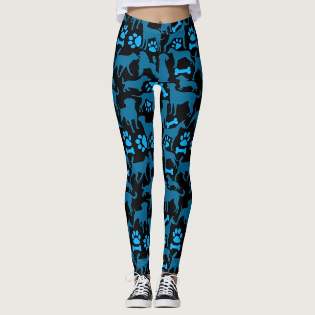 Dog silhouette Pattern.Blue.04 Black BG Leggings (Front)
