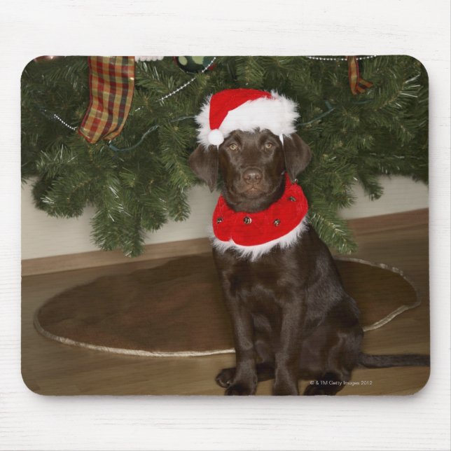 Dog sitting by a Christmas tree Mouse Pad (Front)
