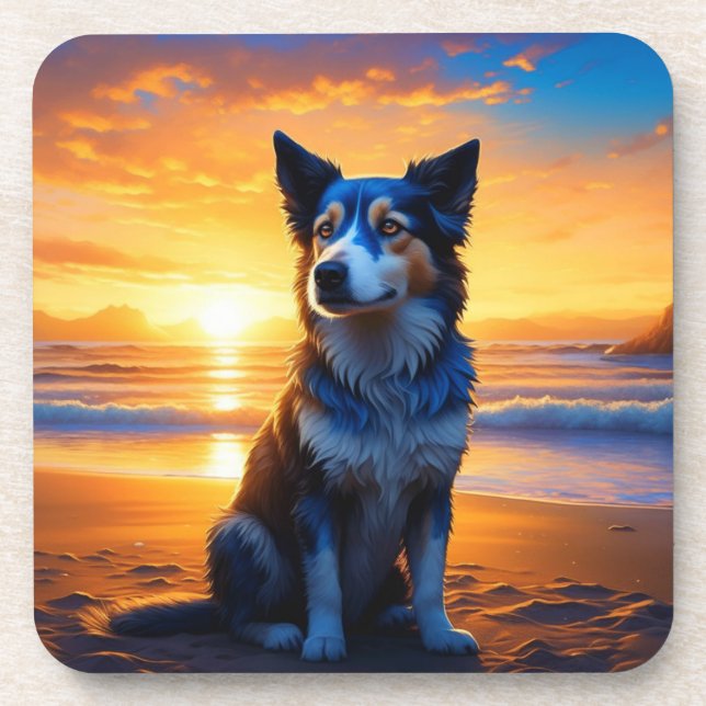Dog sitting on Ocean Beach at Sunset Beverage Coaster (Front)