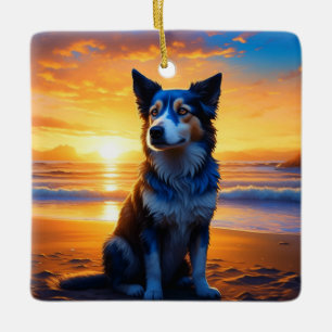 Dog sitting on Ocean Beach at Sunset Ceramic Ornament