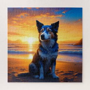 Dog sitting on Ocean Beach at Sunset Jigsaw Puzzle
