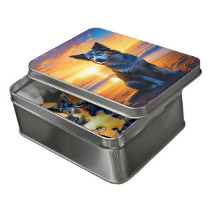 Dog sitting on Ocean Beach at Sunset Jigsaw Puzzle