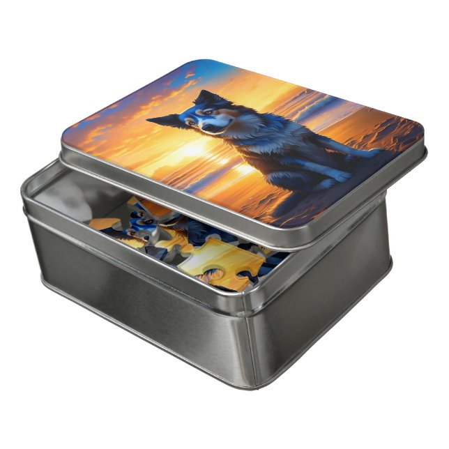 Dog sitting on Ocean Beach at Sunset Jigsaw Puzzle (Lid Open)