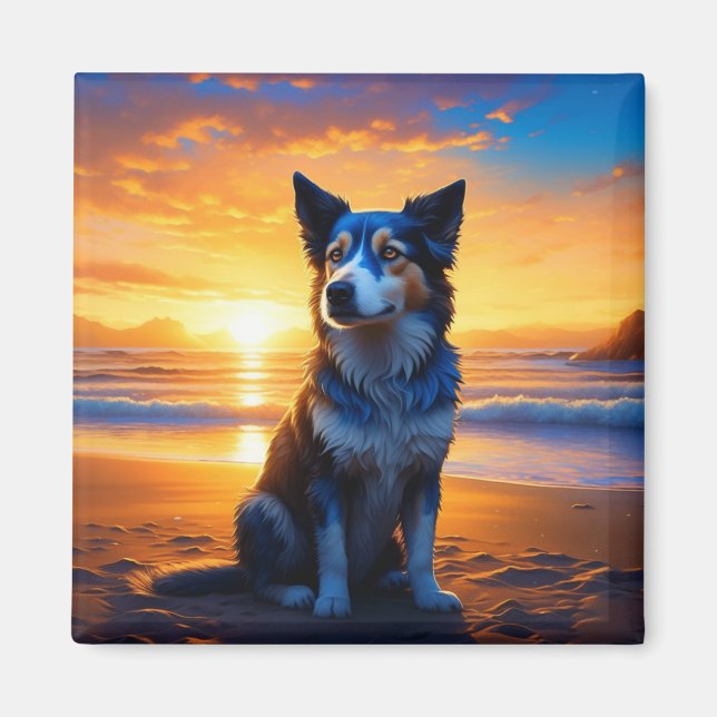 Dog sitting on Ocean Beach at Sunset Magnet (Front)