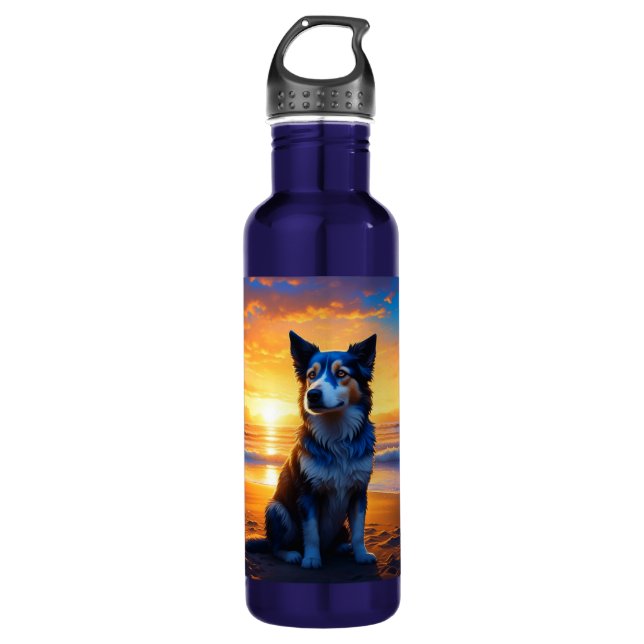 Dog sitting on Ocean Beach at Sunset Stainless Steel Water Bottle (Front)