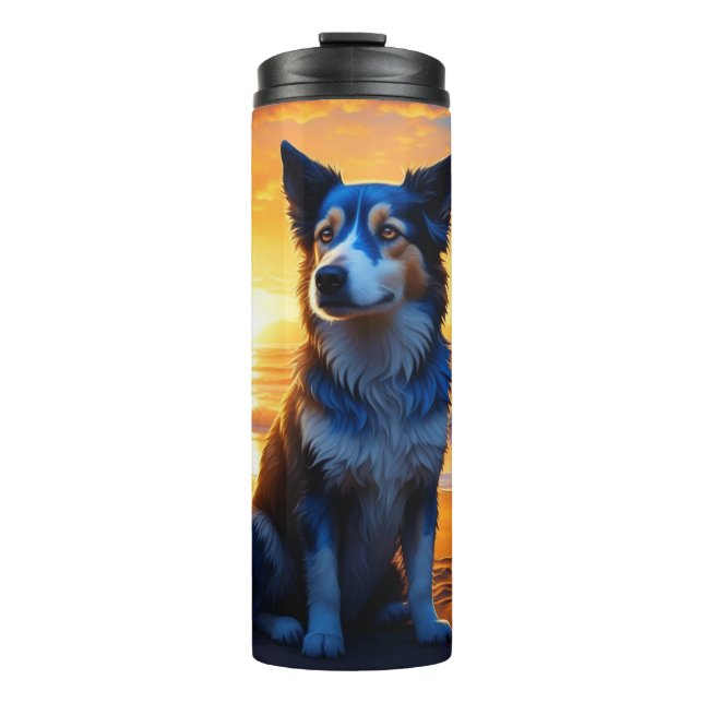 Dog sitting on Ocean Beach at Sunset Thermal Tumbler (Front)