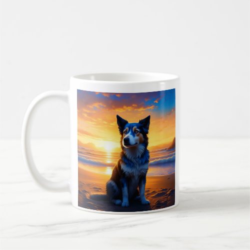 Dog sitting on Ocean Beach at Sunset with Quote Coffee Mug