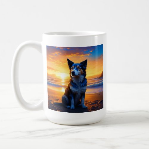Dog sitting on Ocean Beach at Sunset with Quote Coffee Mug