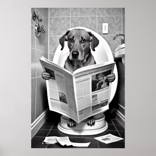 Dog Sitting on the Toilet Reading a Newspaper Poster