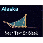 Dog Sled - Alaska Statuette<br><div class="desc">A dog sled with a teal sled bag superimposed on a starry background. Text reading, "Alaska" appears in glowing blue and white. You may add your own additional text both on the sled bag and at the bottom.</div>