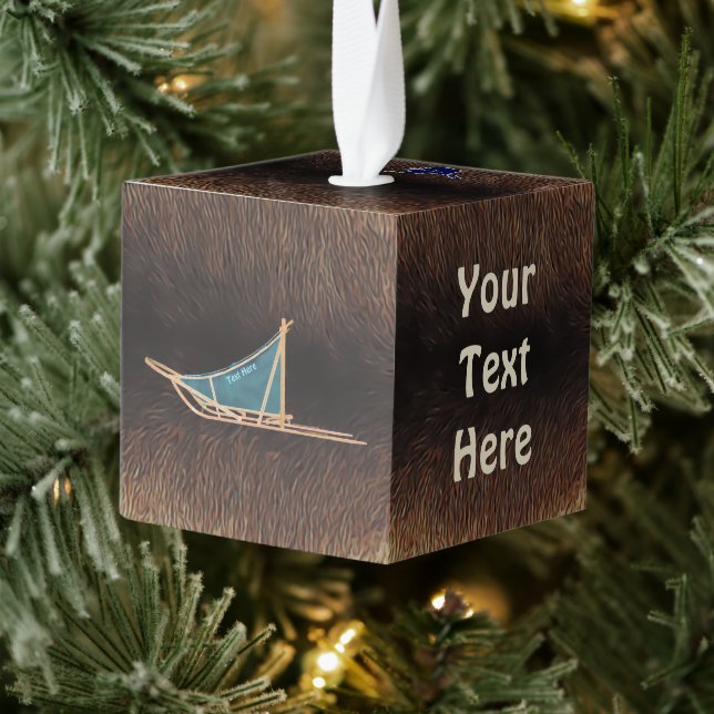 Dog Sled On Caribou (Reindeer) Fur Cube Ornament (Tree)