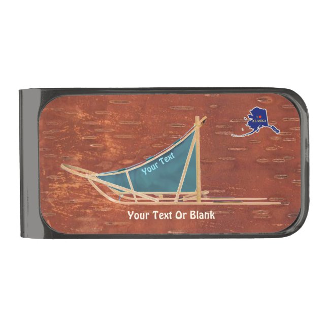 Dog Sled On Inner Birchbark Gunmetal Finish Money Clip (Front)