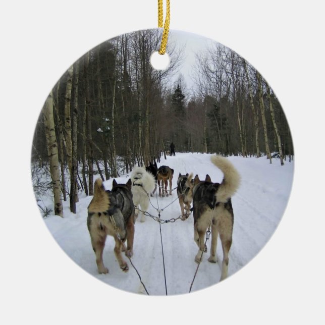 Dog Sledding in Quebec, Canada Ceramic Ornament (Front)