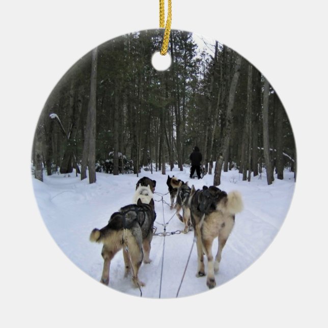 Dog Sledding in Quebec, Canada Ceramic Ornament (Front)