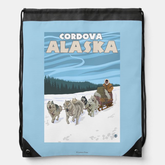 Dog Sledding Scene - Cordova, Alaska Drawstring Bag (Front)