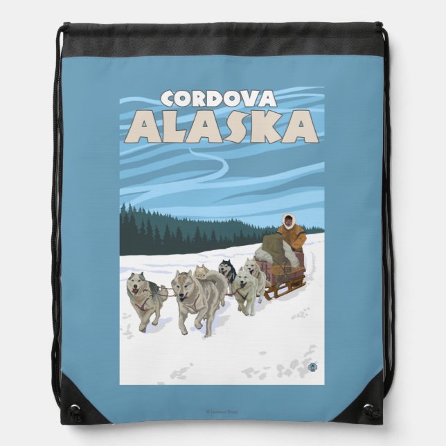 Dog Sledding Scene - Cordova, Alaska Drawstring Bag (Front)