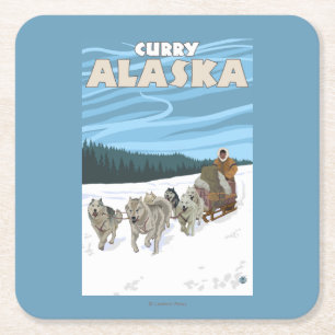 Dog Sledding Scene - Curry, Alaska Square Paper Coaster