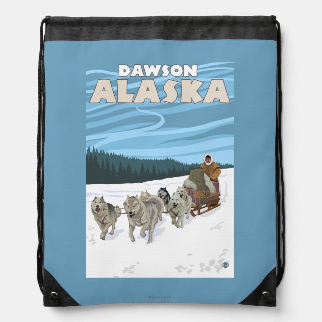 Dog Sledding Scene - Dawson, Alaska Drawstring Bag (Front)