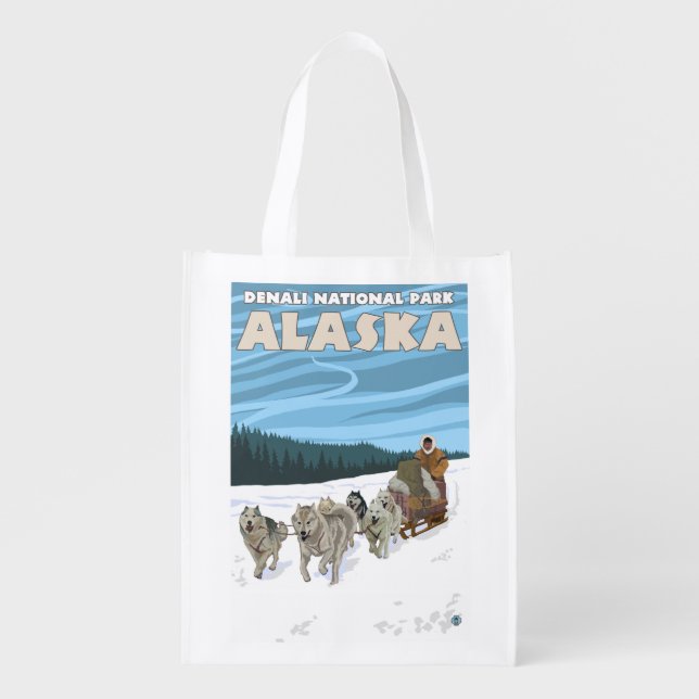 Dog Sledding Scene - Denali Nat'l Park, Alaska Reusable Grocery Bag (Front)