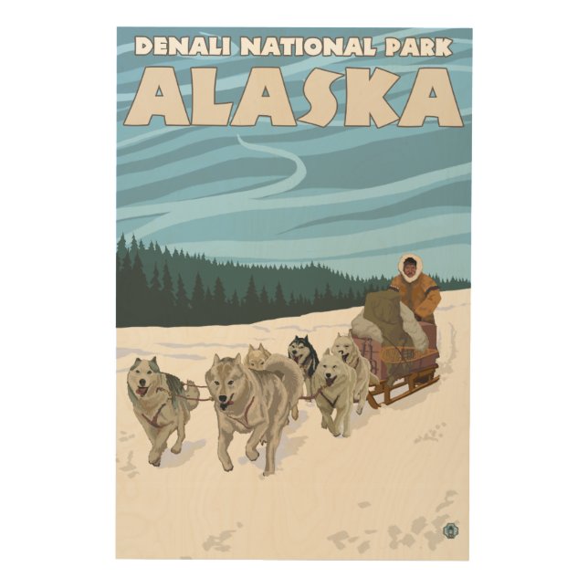 Dog Sledding Scene - Denali Nat'l Park, Alaska Wood Wall Decor (Front)