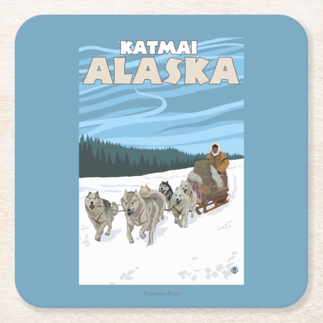 Dog Sledding Scene - Katmai, Alaska Square Paper Coaster (Front)