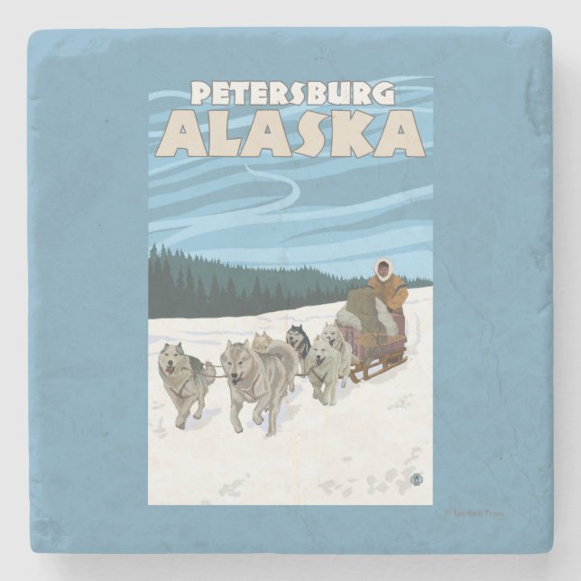 Dog Sledding Scene - Petersburg, Alaska Stone Coaster (Front)
