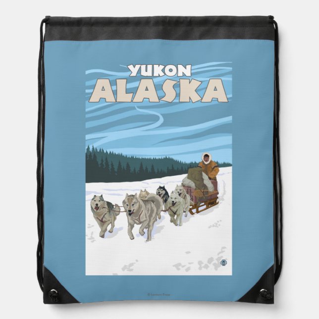 Dog Sledding Scene - Yukon, Alaska Drawstring Bag (Front)