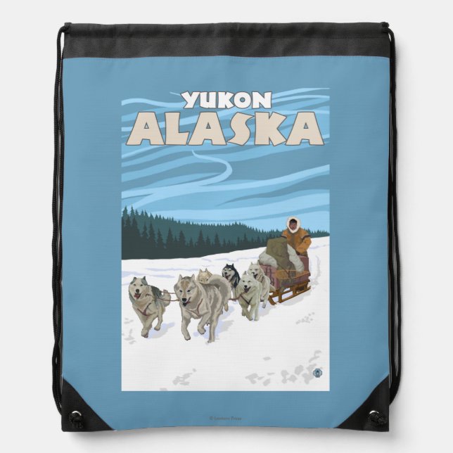 Dog Sledding Scene - Yukon, Alaska Drawstring Bag (Front)