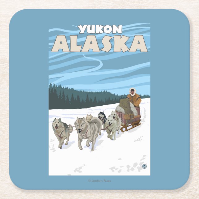 Dog Sledding Scene - Yukon, Alaska Square Paper Coaster (Front)