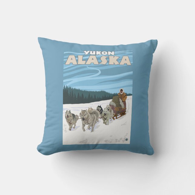 Dog Sledding Scene - Yukon, Alaska Throw Pillow (Front)