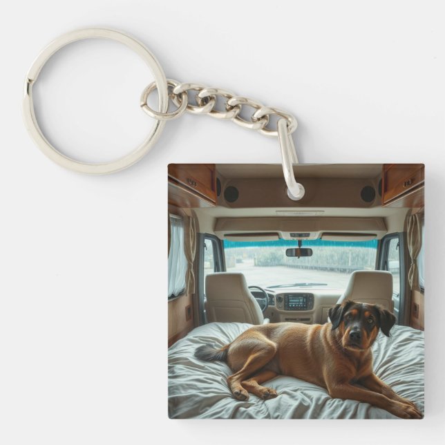 Dog Sleeping in Cozy RV Interior Keychain (Front)