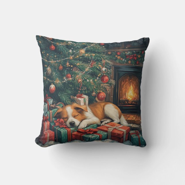 Dog sleeping peacefully under a Christmas tree Throw Pillow (Front)