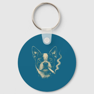 Dog Smoking Cigarette Funny Boston Design Keychain