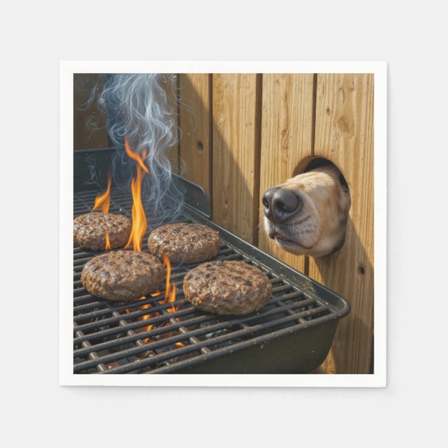 Dog Sniffing Hamburgers On a Barbecue Grill Napkins (Front)