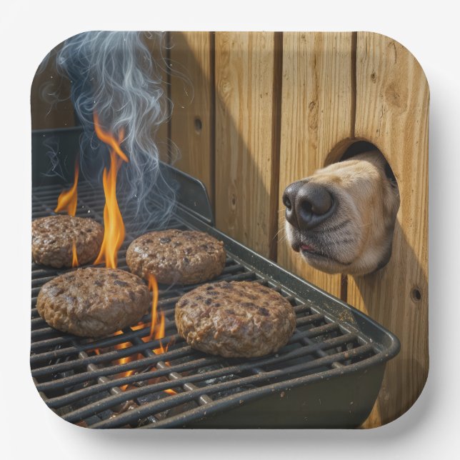 Dog Sniffing Hamburgers On a Barbecue Grill Paper Plates (Front)