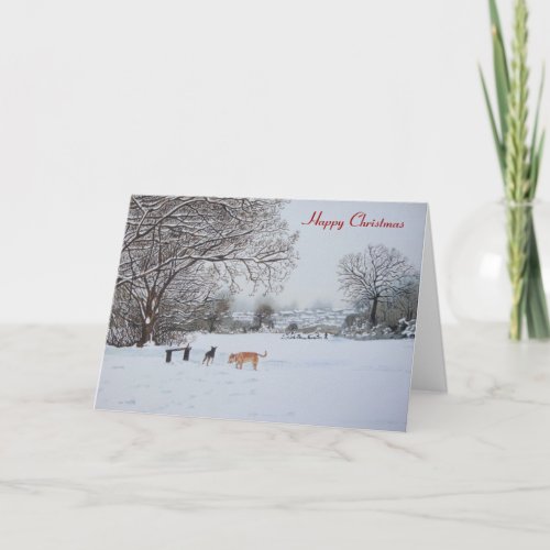 dog snow scene landscape at chrismas  holiday card