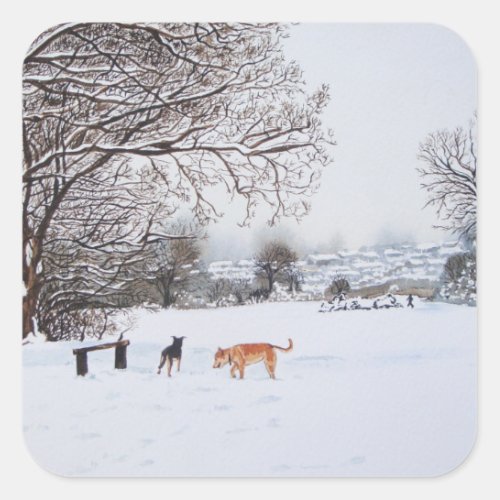 Dog snow scene landscape with trees painting square sticker