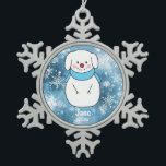 Dog Snowman with Blue Snowflake Bokeh Background Snowflake Pewter Christmas Ornament<br><div class="desc">Dog Snowman with Blue Snowflake Bokeh Background.  Cute puppy dog snowman.  May be personalized with name and date.  Cute addition to your holiday decor and Christmas decorations.</div>