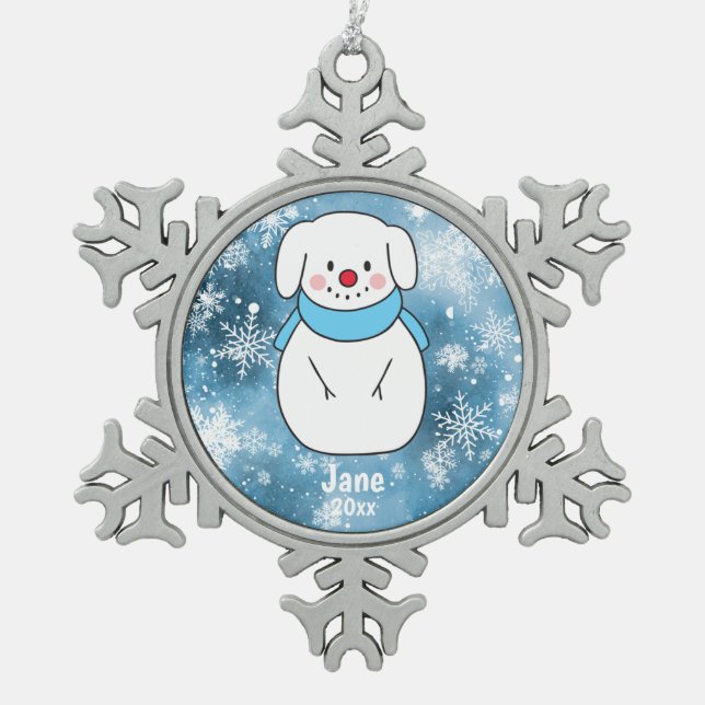 Dog Snowman with Blue Snowflake Bokeh Background Snowflake Pewter Christmas Ornament (Front)