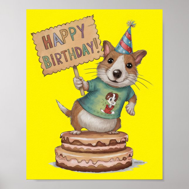 Dog standing on cake holding happy birthday sign (Front)
