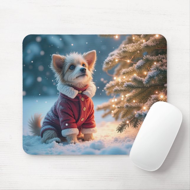 Dog Staring At Twinkling Holiday Lights Mouse Pad (With Mouse)