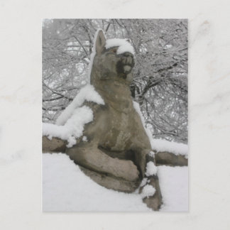 dog statue in snow postcard