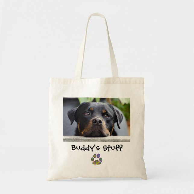 Dog Stuff Paw Print Pet Photo Name Tote Bag (Front)