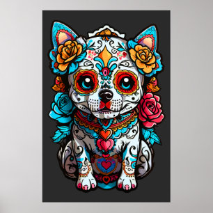 Dog Sugar Skull Halloween, Dia de los Muertos Poster