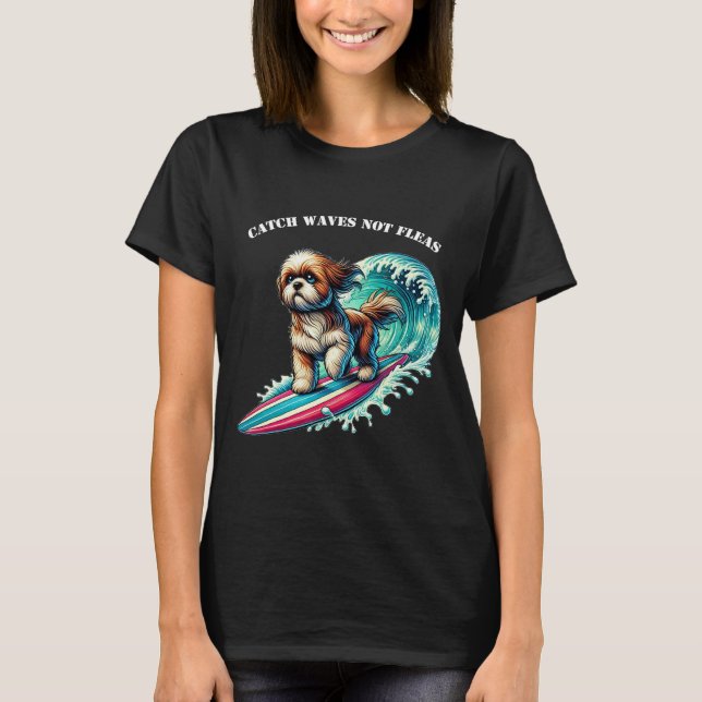 Dog Surfing with a Surfboard Riding a Big Wave URM T-Shirt (Front)